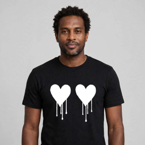 Two Hearts Graphic T-Shirt worn by a model